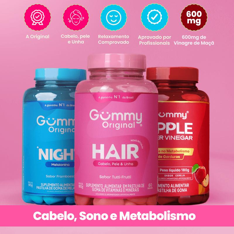 KIT 3 GUMMY: Night + Apple Cider Vinegar + Hair — A Tríade do Bem-Estar Completo